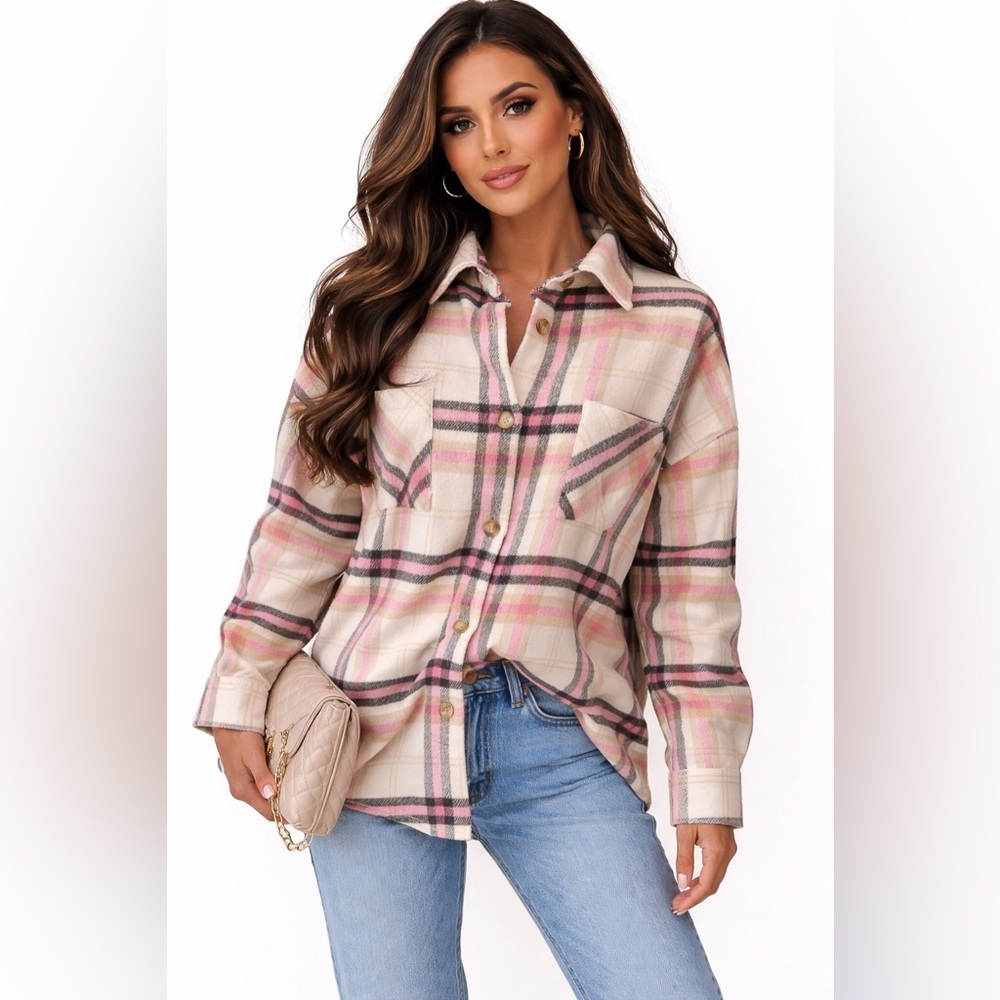 Pink Multicolor Plaid Flannel Button Up Top Size Large